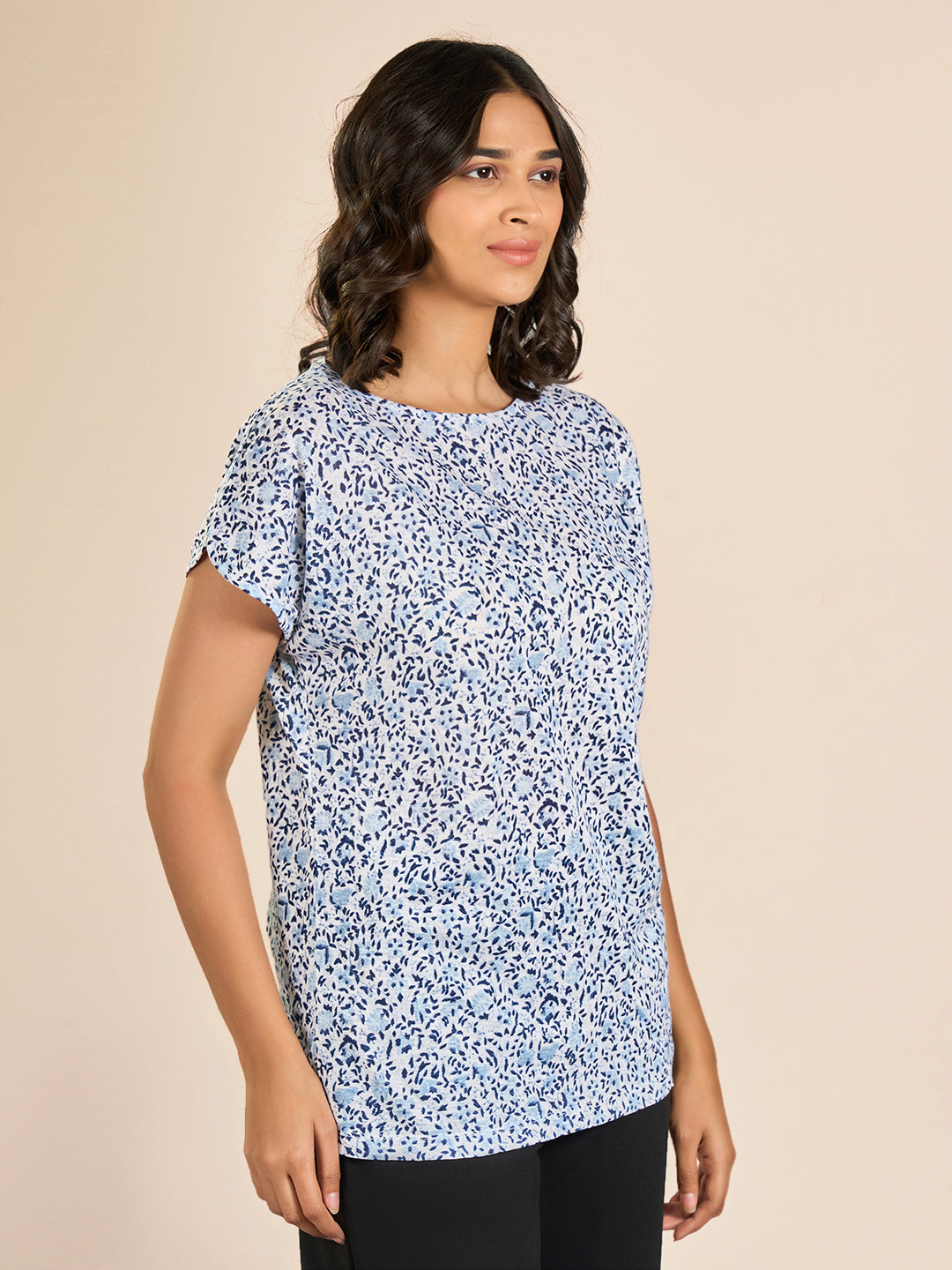 Blue Round Neck Shorts Sleeve Printed T-Shirt