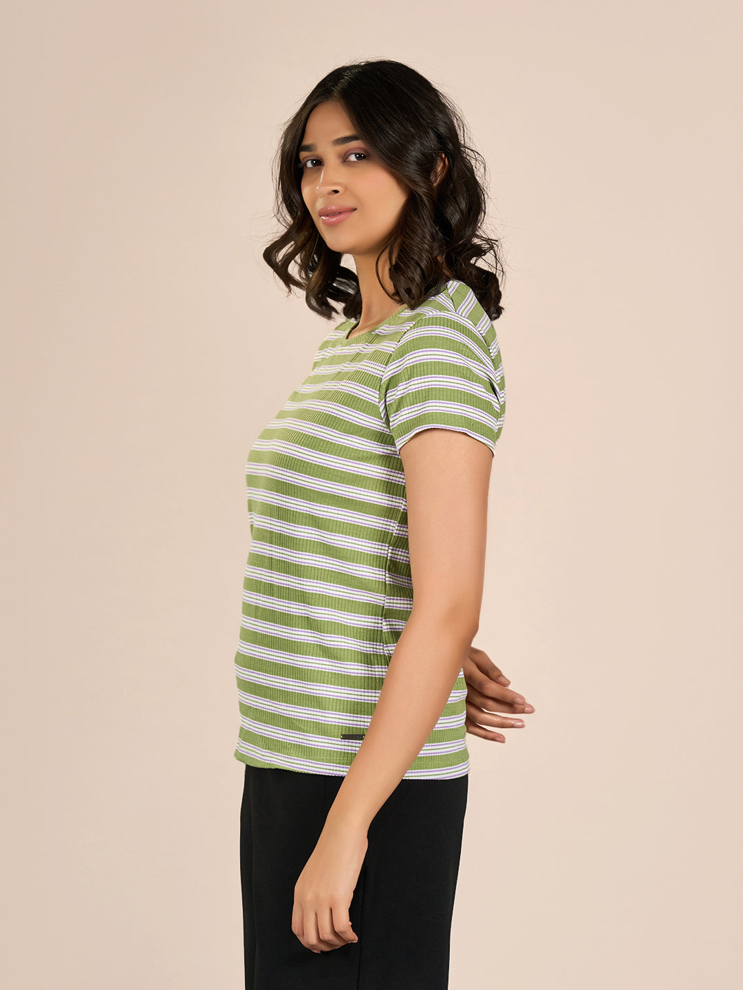 Green Round Neck Shorts Sleeve Stripes T-Shirt