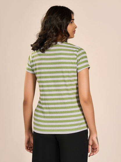 Green Round Neck Shorts Sleeve Stripes T-Shirt