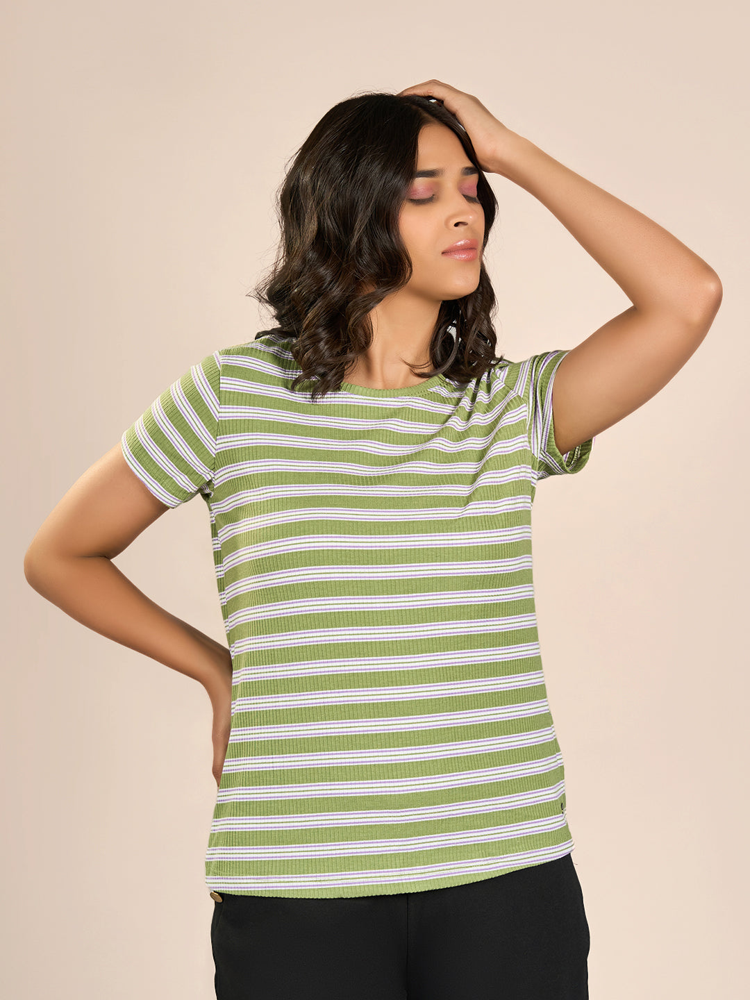 Green Round Neck Shorts Sleeve Stripes T-Shirt