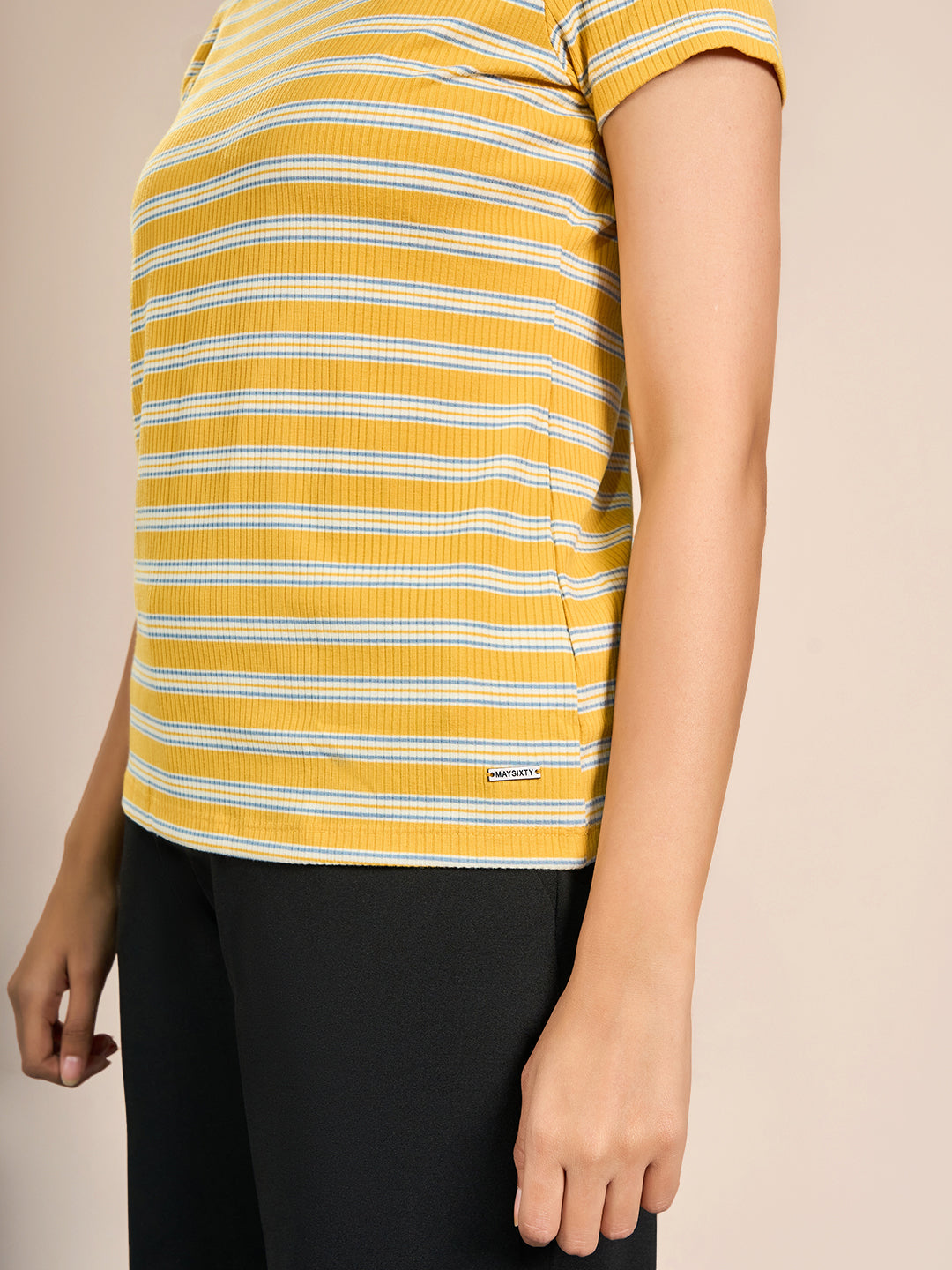 Yellow Round Neck Shorts Sleeve Stripes T-Shirt