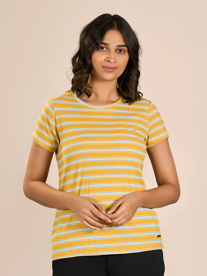 Yellow Round Neck Shorts Sleeve Stripes T-Shirt