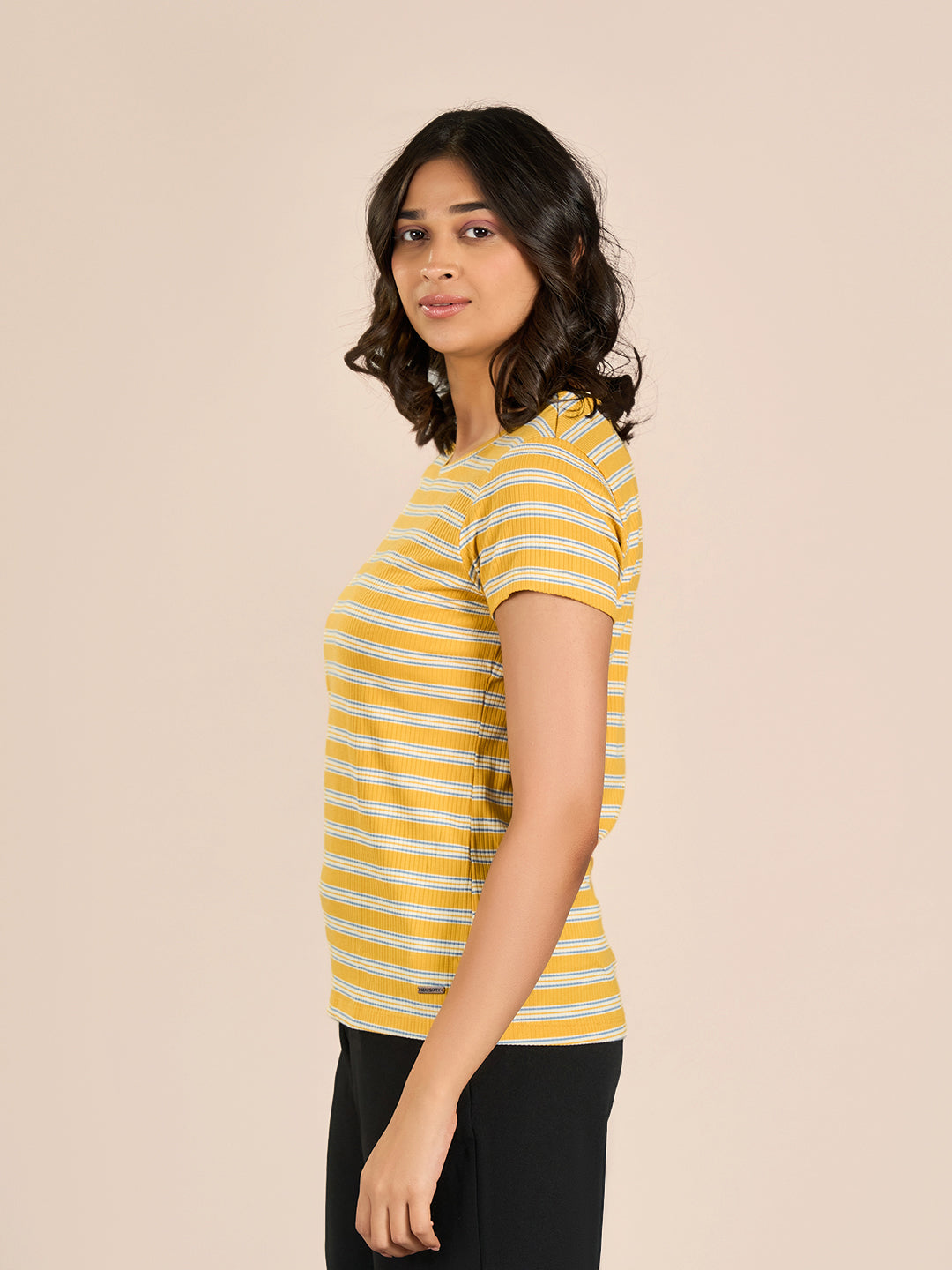 Yellow Round Neck Shorts Sleeve Stripes T-Shirt