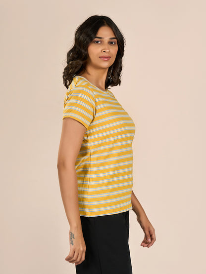 Yellow Round Neck Shorts Sleeve Stripes T-Shirt