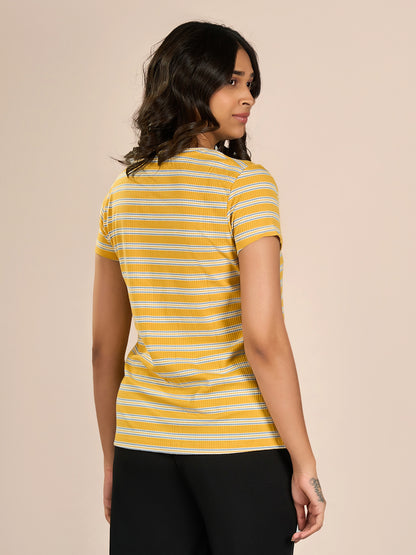 Yellow Round Neck Shorts Sleeve Stripes T-Shirt