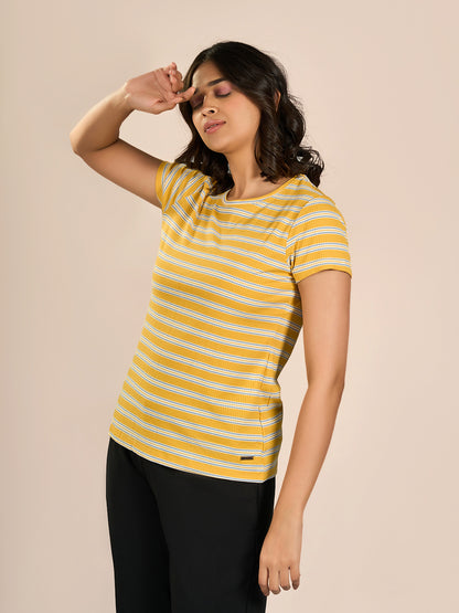 Yellow Round Neck Shorts Sleeve Stripes T-Shirt