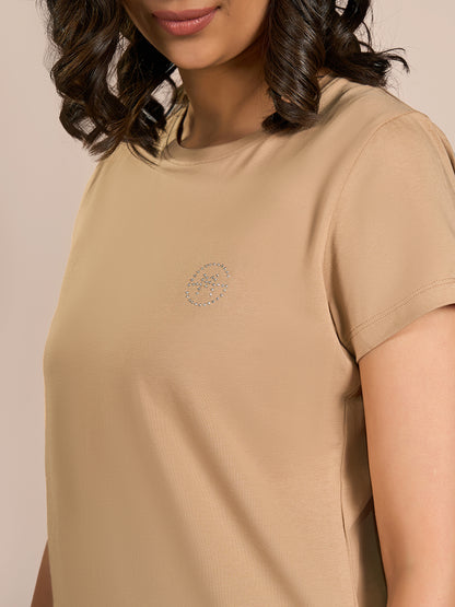 Brown Round Neck Shorts Sleeve Solid T-Shirt