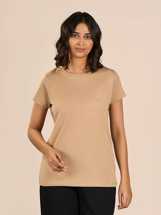 Brown Round Neck Shorts Sleeve Solid T-Shirt