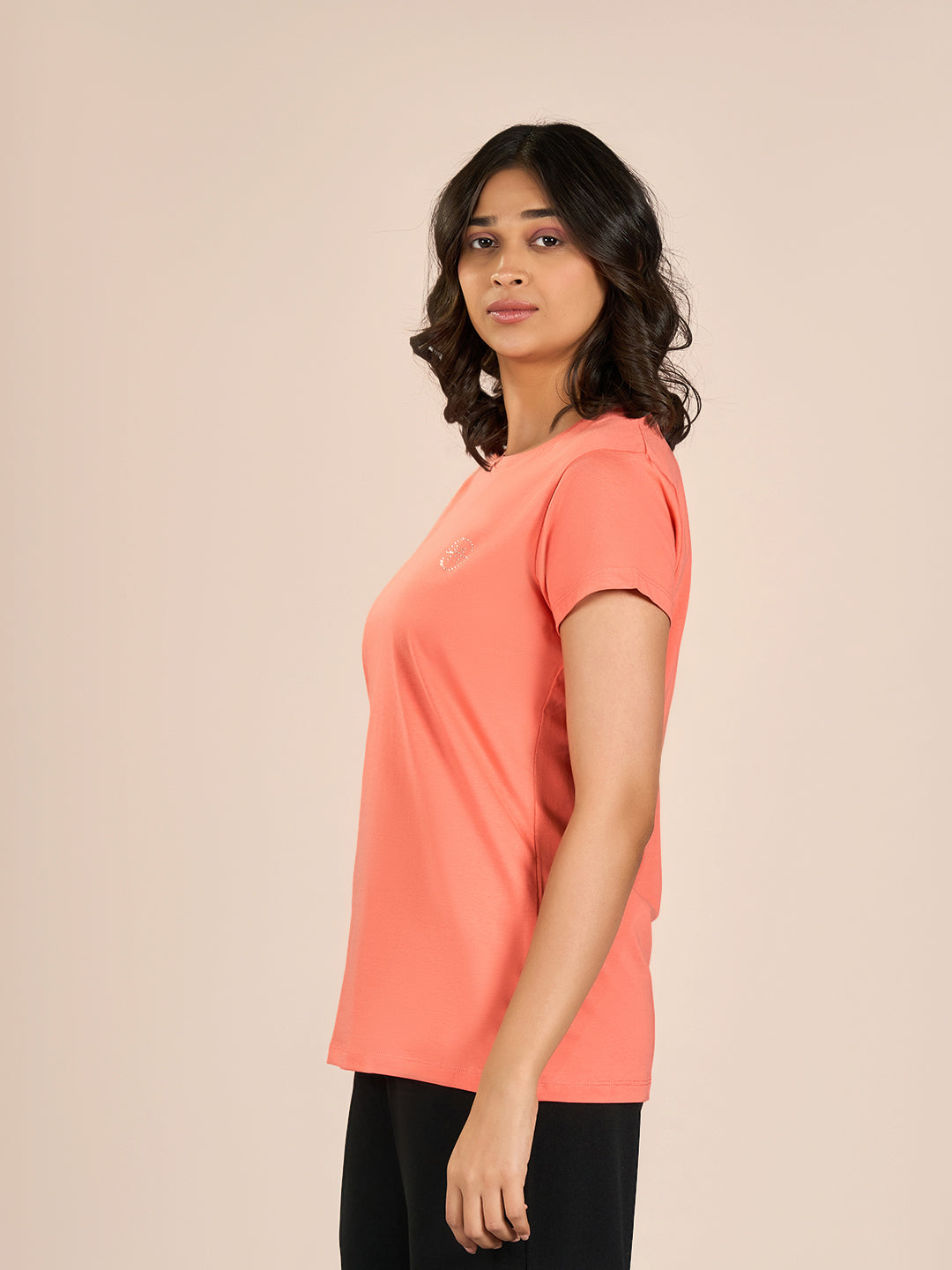 Peach Round Neck Shorts Sleeve Solid T-Shirt