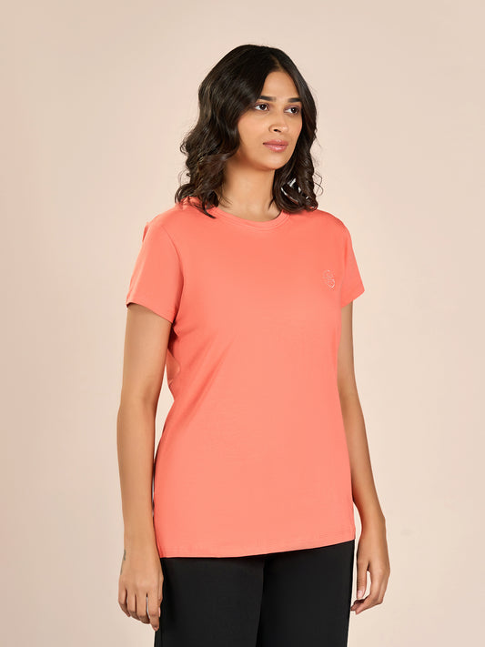 Peach Round Neck Shorts Sleeve Solid T-Shirt