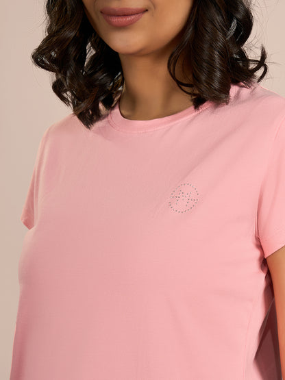 Pink Round Neck Shorts Sleeve Solid T-Shirt