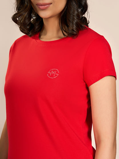 Red Round Neck Shorts Sleeve Solid T-Shirt