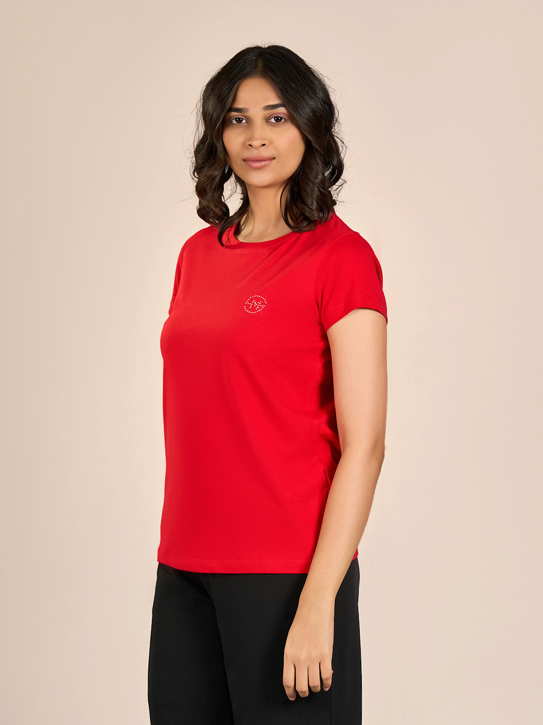 Red Round Neck Shorts Sleeve Solid T-Shirt