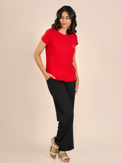 Red Round Neck Shorts Sleeve Solid T-Shirt