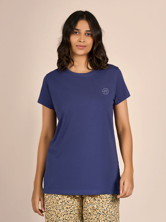 Blue Round Neck Shorts Sleeve Solid T-Shirt