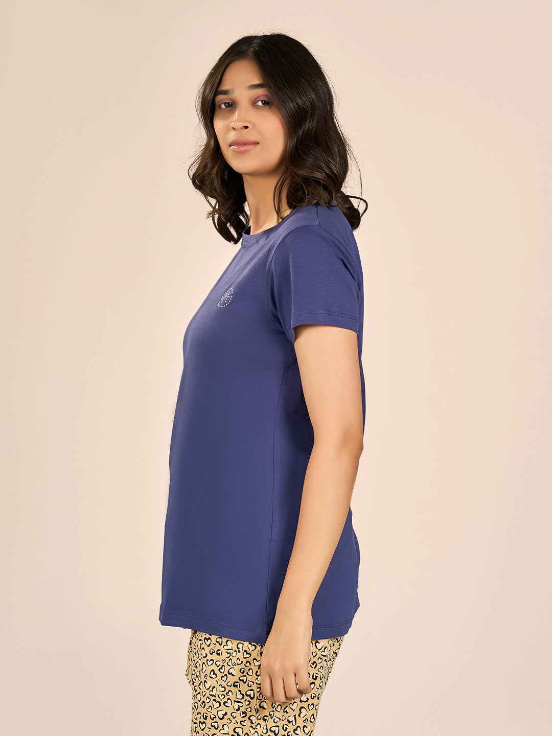 Blue Round Neck Shorts Sleeve Solid T-Shirt