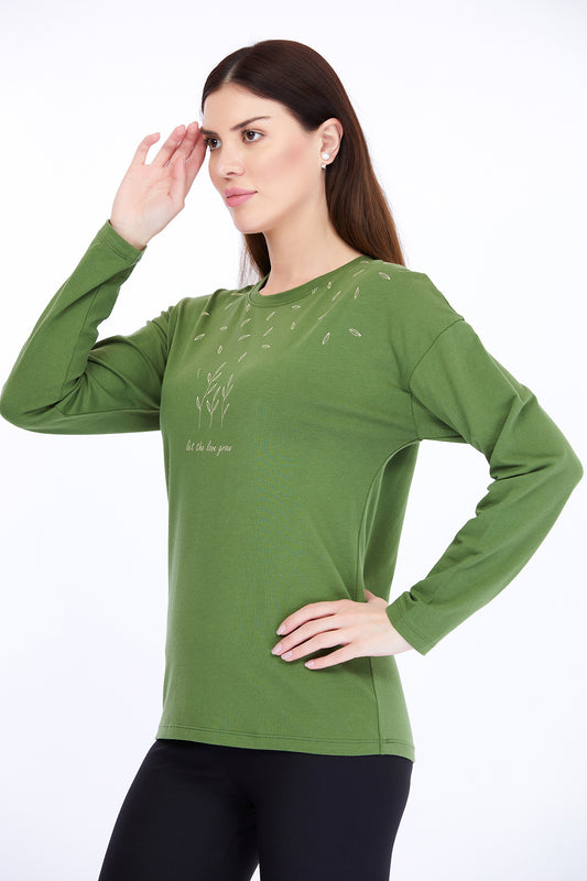 Cotton Spandex Olive Full Sleeve T-Shirt