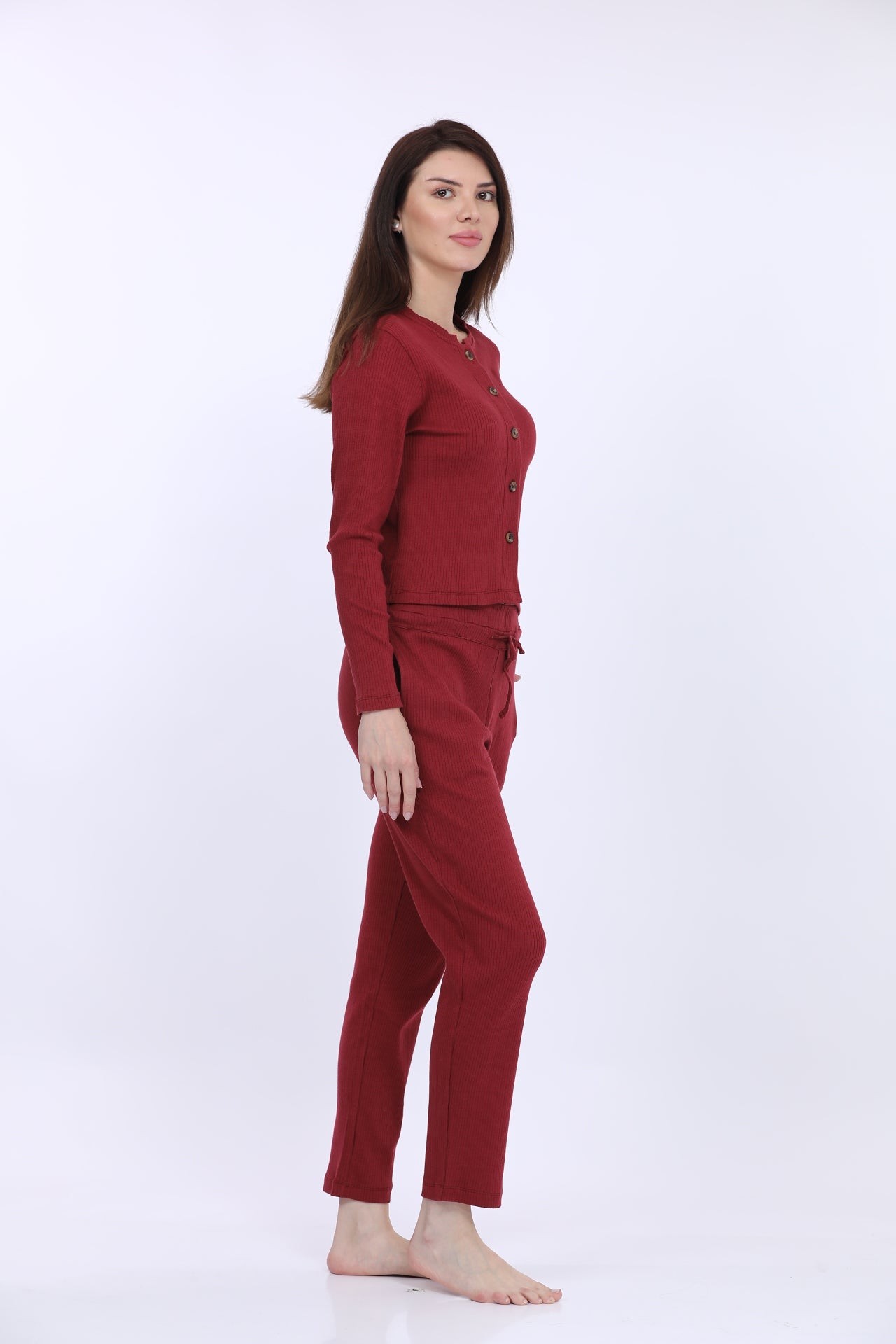 Maysixty® Women Cotton Spandex Maroon Solid Full Sleeve Fashion Crop T-Shirt Co-Ord Set