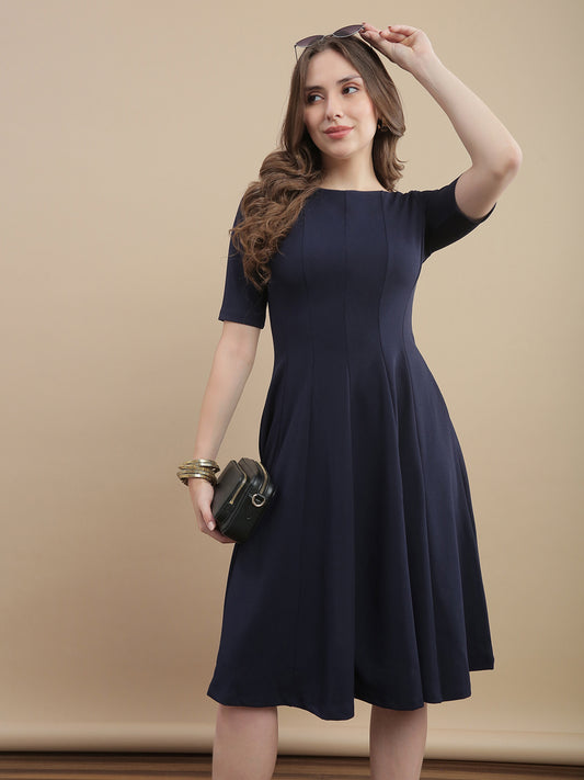 Womens Solid A-Line Midi Dress with Panel Detail - Navy Blue