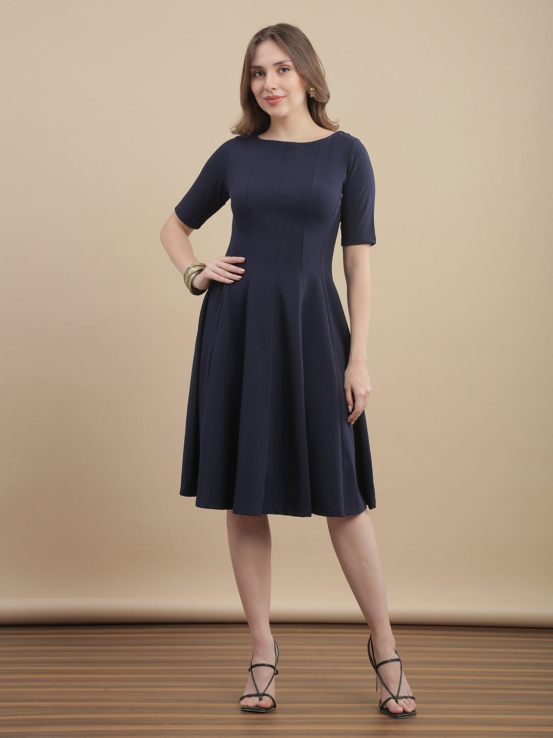 Womens Solid A-Line Midi Dress with Panel Detail - Navy Blue