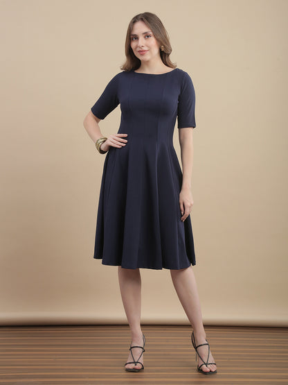 Womens Solid A-Line Midi Dress with Panel Detail - Navy Blue