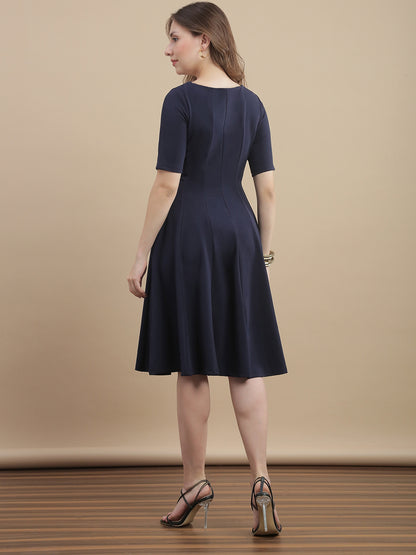 Womens Solid A-Line Midi Dress with Panel Detail - Navy Blue