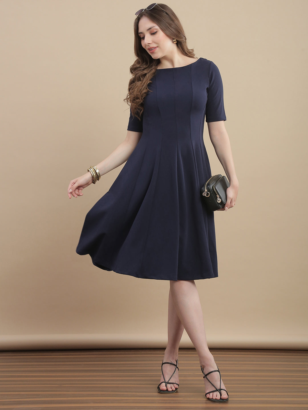 Womens Solid A-Line Midi Dress with Panel Detail - Navy Blue