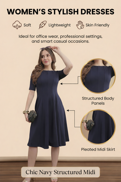 Womens Solid A-Line Midi Dress with Panel Detail - Navy Blue