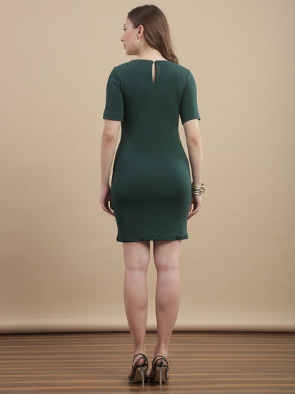 Womens Solid Shift Dress with Placket and Button Detail - Bottle Green