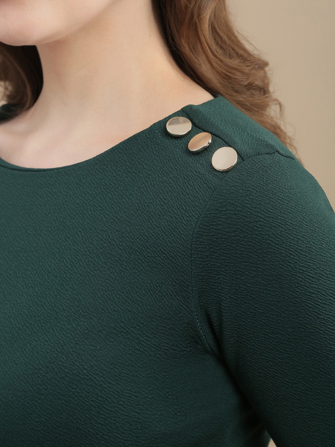 Womens Solid Shift Dress with Placket and Button Detail - Bottle Green