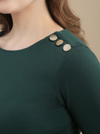 Womens Solid Shift Dress with Placket and Button Detail - Bottle Green