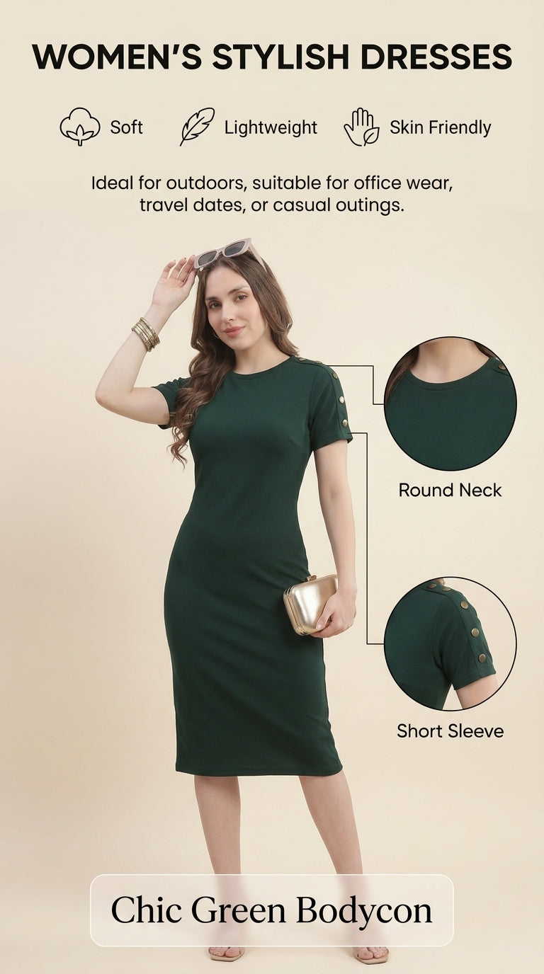 Womens Solid Shift Dress with Placket and Button Detail - Bottle Green