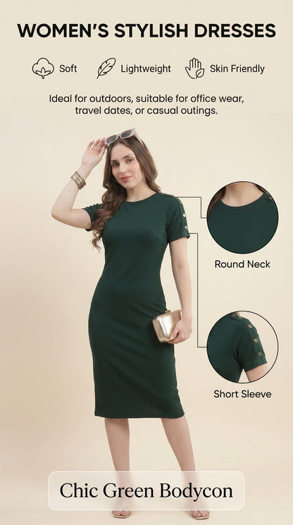 Womens Solid Shift Dress with Placket and Button Detail - Bottle Green