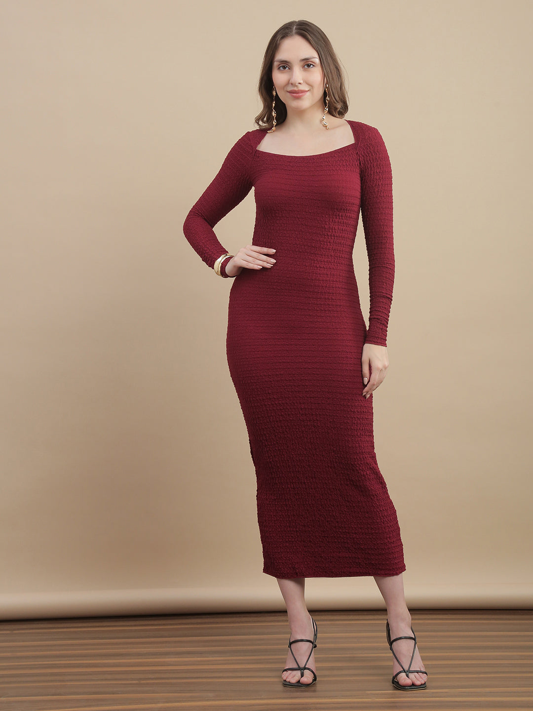 Womens Solid Square Neck Texture Knit Bodycon Dress - Savvy Red