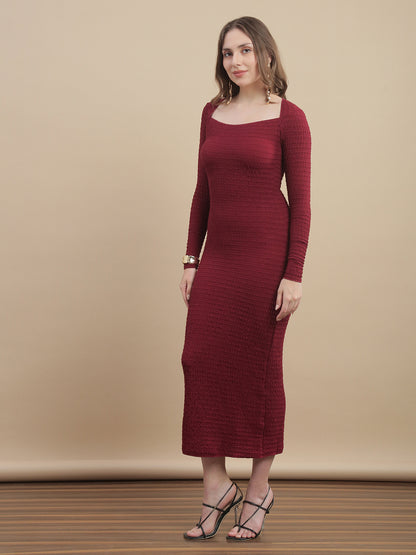 Womens Solid Square Neck Texture Knit Bodycon Dress - Savvy Red