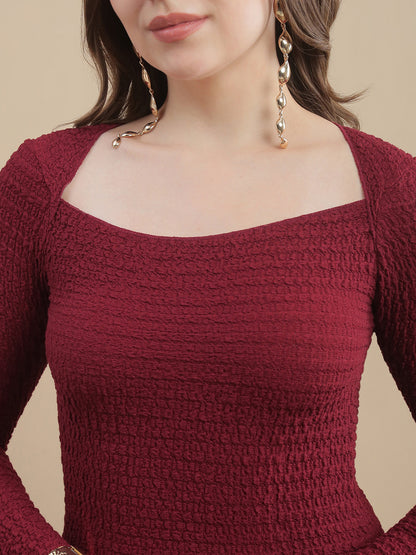 Womens Solid Square Neck Texture Knit Bodycon Dress - Savvy Red