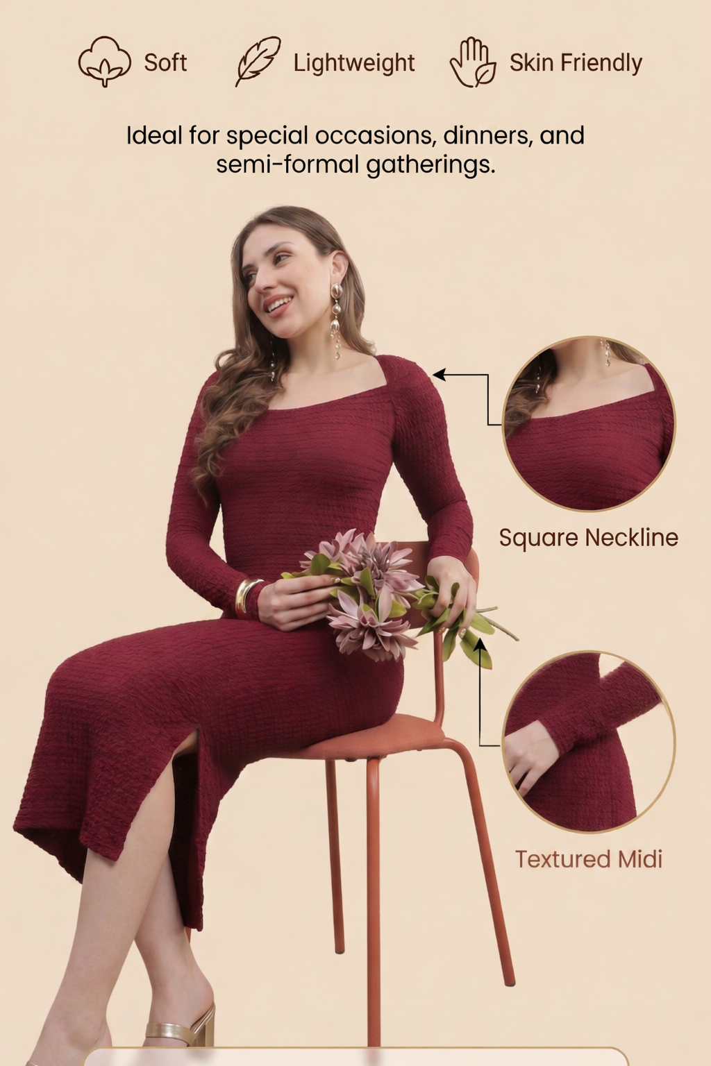 Womens Solid Square Neck Texture Knit Bodycon Dress - Savvy Red