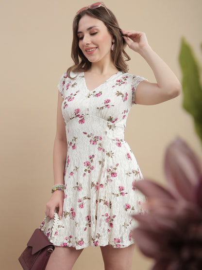 Womens Floral Printed Lace A-Line Mini Dress - Snow White