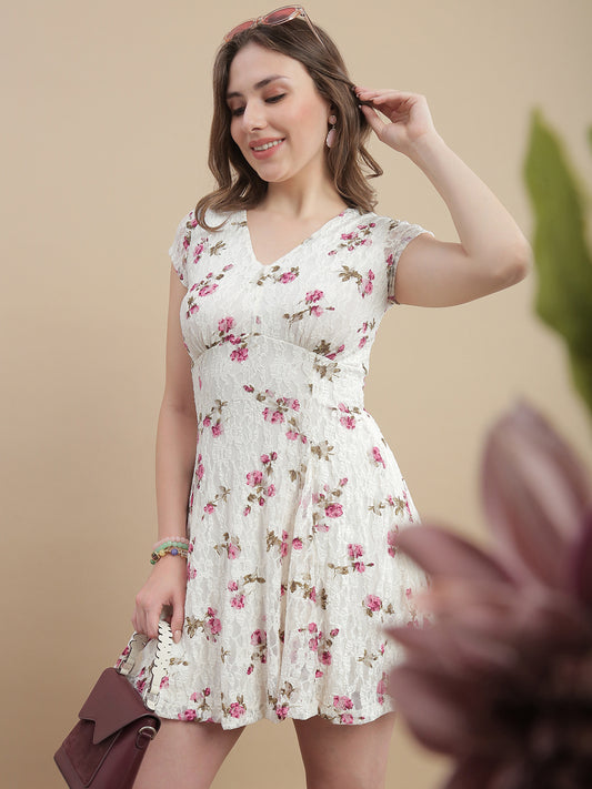 Womens Floral Printed Lace A-Line Mini Dress - Snow White
