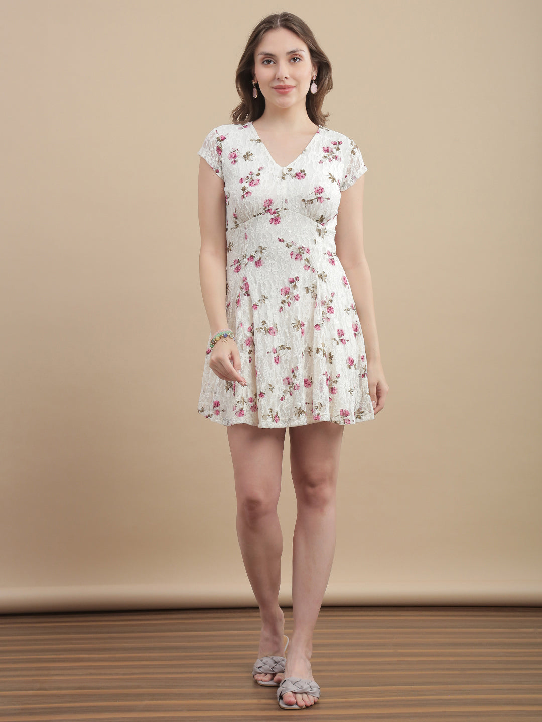 Womens Floral Printed Lace A-Line Mini Dress - Snow White