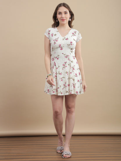Womens Floral Printed Lace A-Line Mini Dress - Snow White