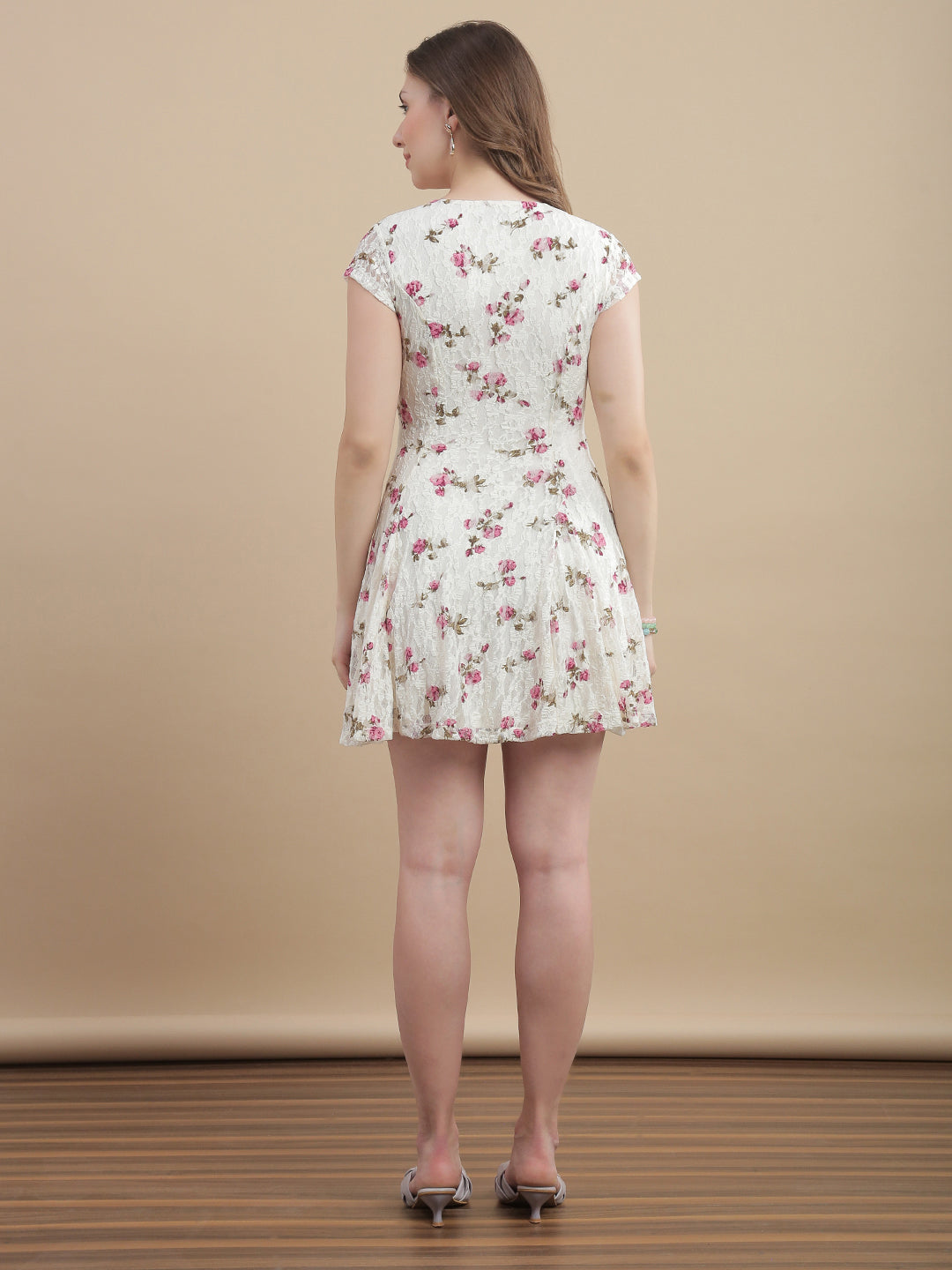 Womens Floral Printed Lace A-Line Mini Dress - Snow White