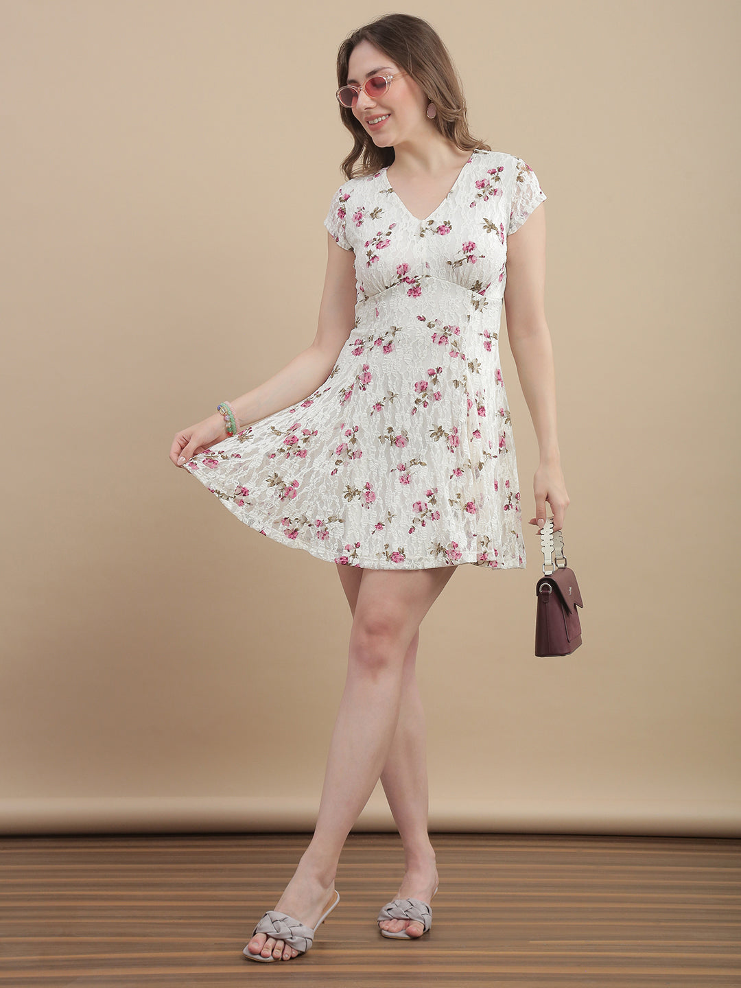 Womens Floral Printed Lace A-Line Mini Dress - Snow White