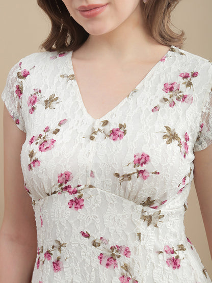 Womens Floral Printed Lace A-Line Mini Dress - Snow White