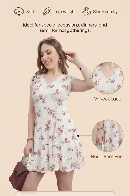 Womens Floral Printed Lace A-Line Mini Dress - Snow White