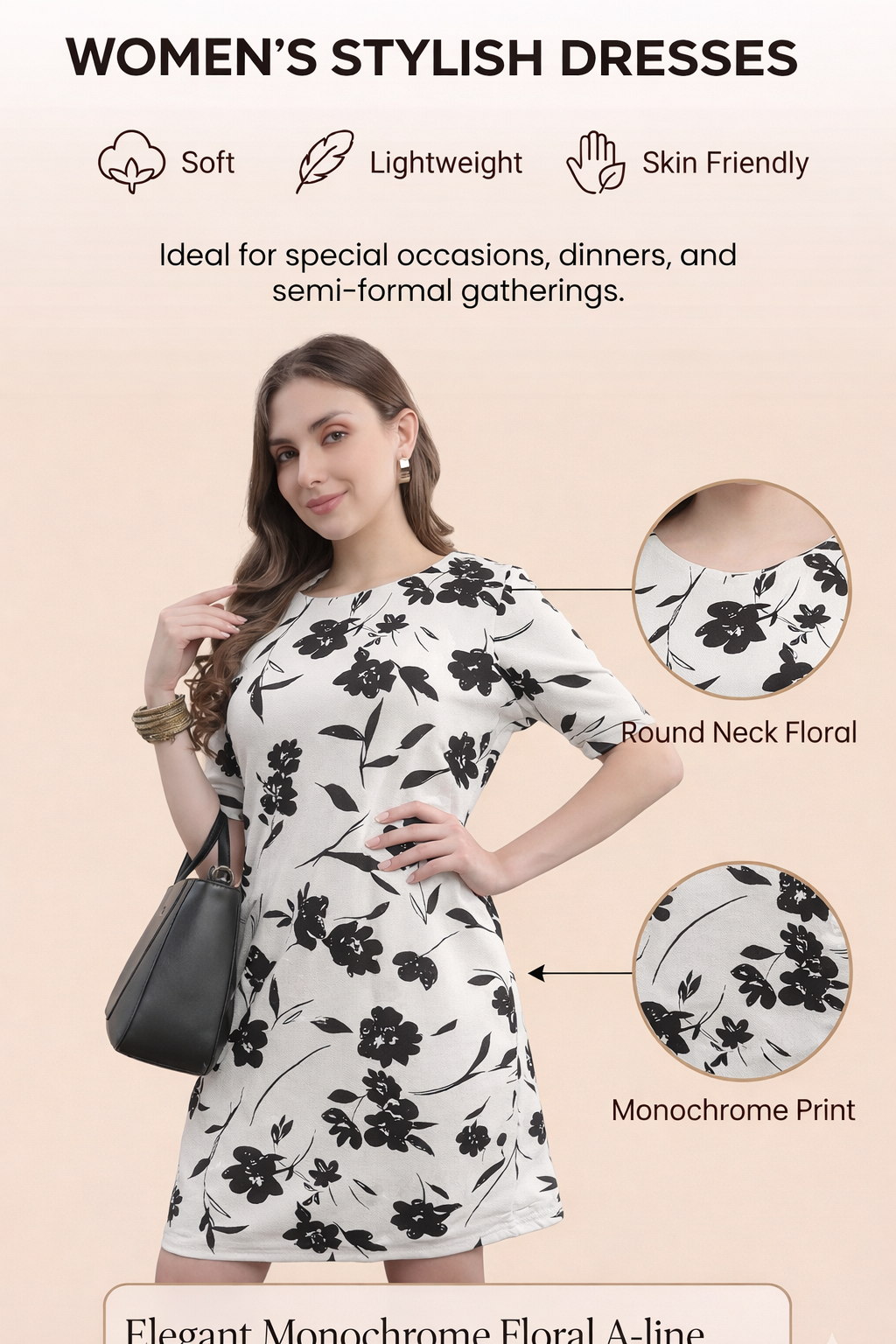 Womens Floral Printed Shift Dress With Placket And Button Detail - Whit