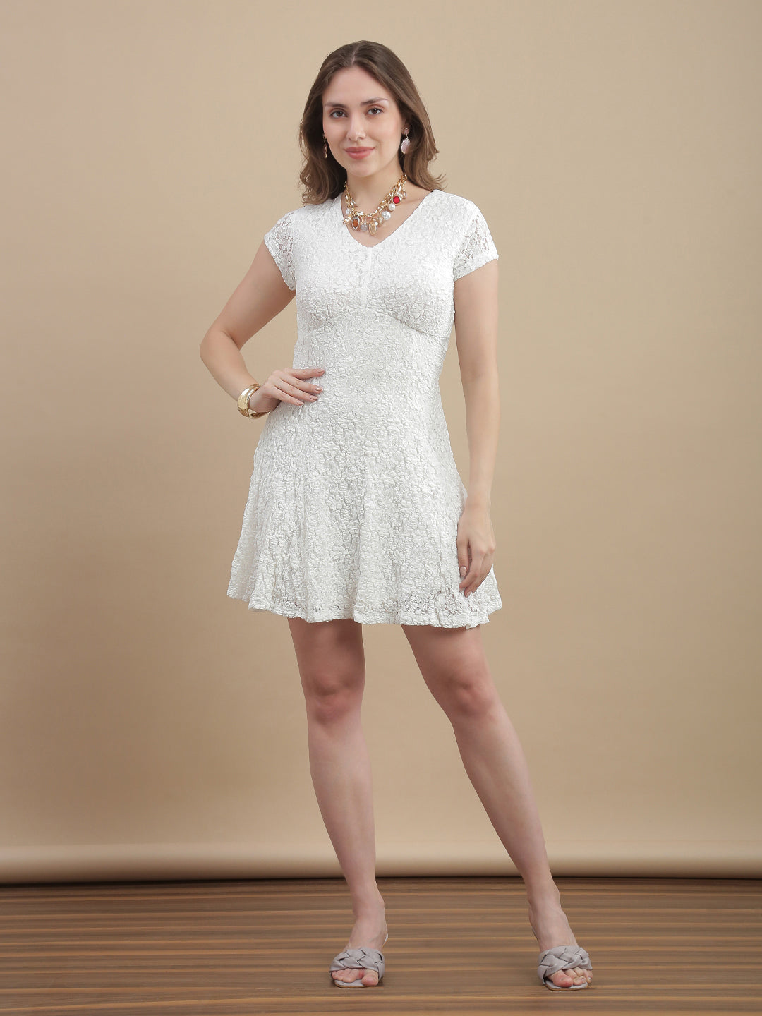 Womens Solid V-Neck A-Line Lace Mini Dress - Whisper White