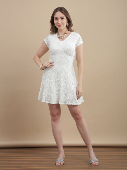 Womens Solid V-Neck A-Line Lace Mini Dress - Whisper White
