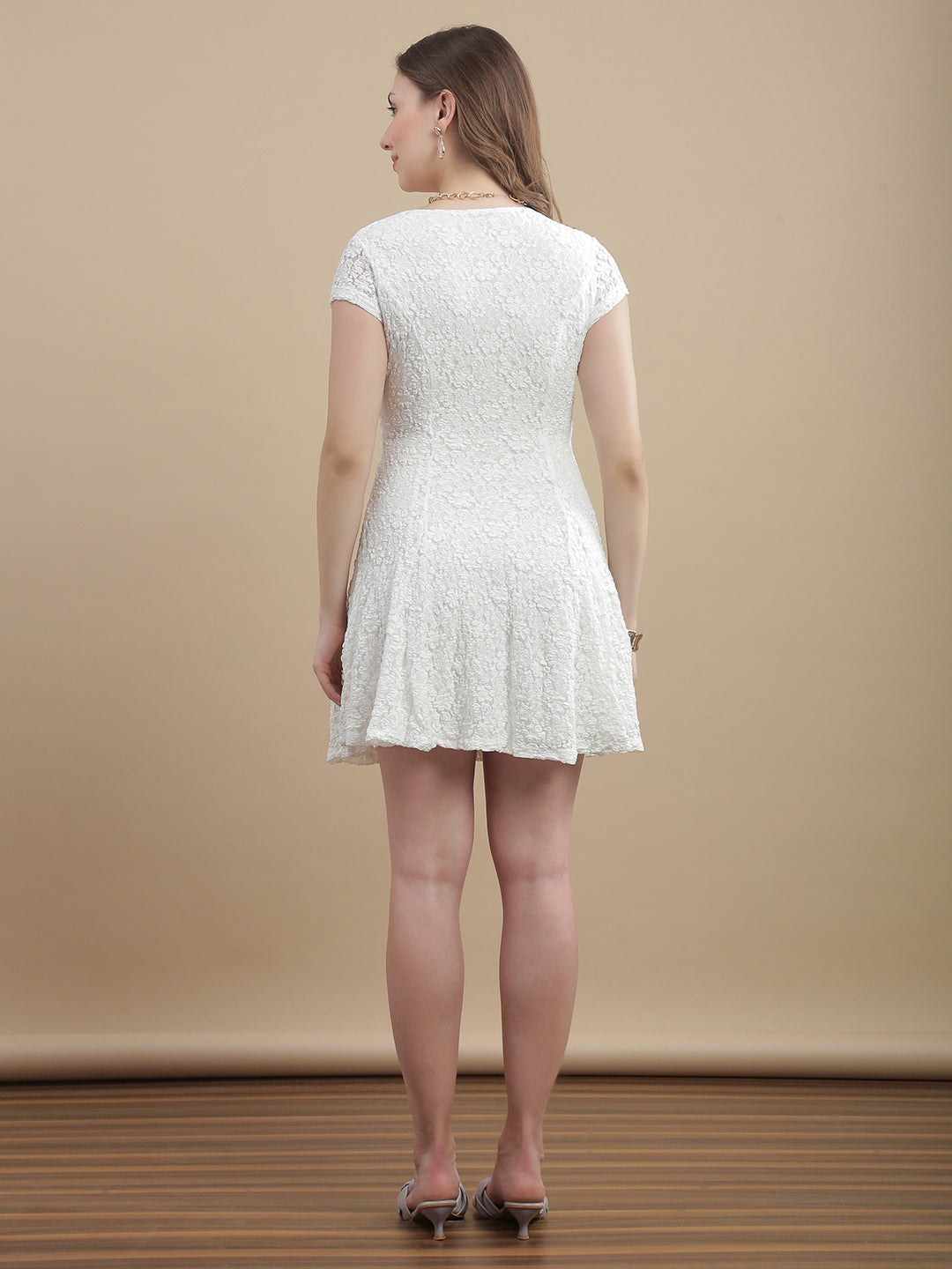 Womens Solid V-Neck A-Line Lace Mini Dress - Whisper White