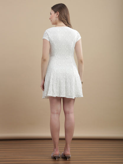 Womens Solid V-Neck A-Line Lace Mini Dress - Whisper White